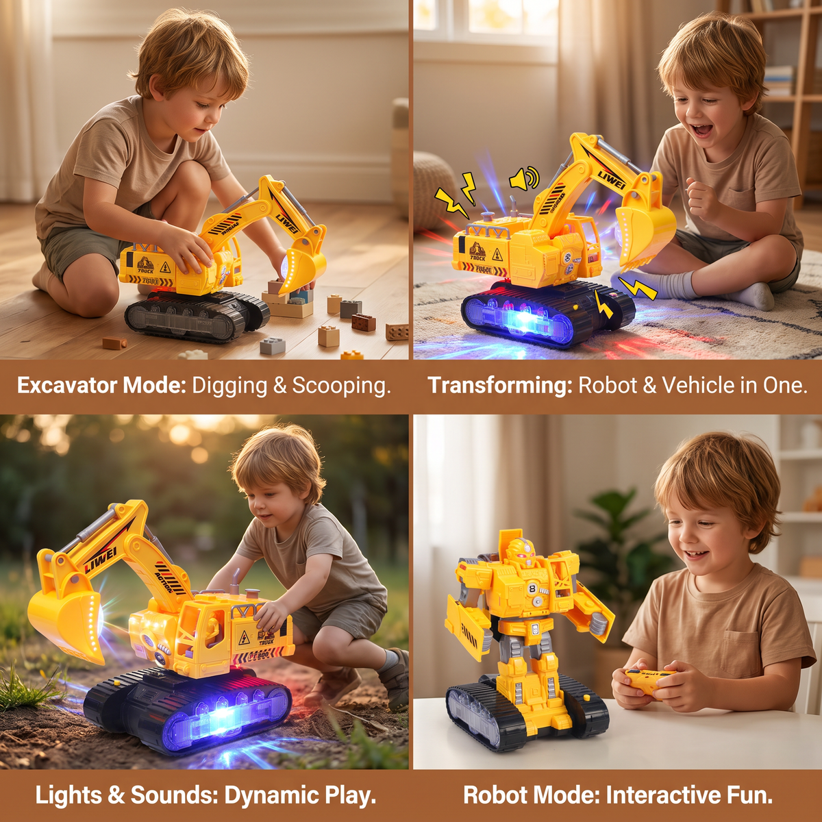 Electric Transforming Robot Excavator Toy with Lights & Sounds