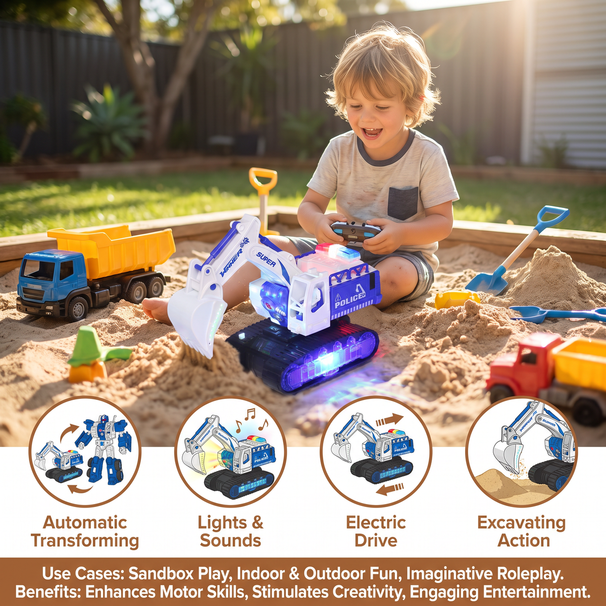 Electric Transforming Robot Excavator Toy with Lights & Sounds