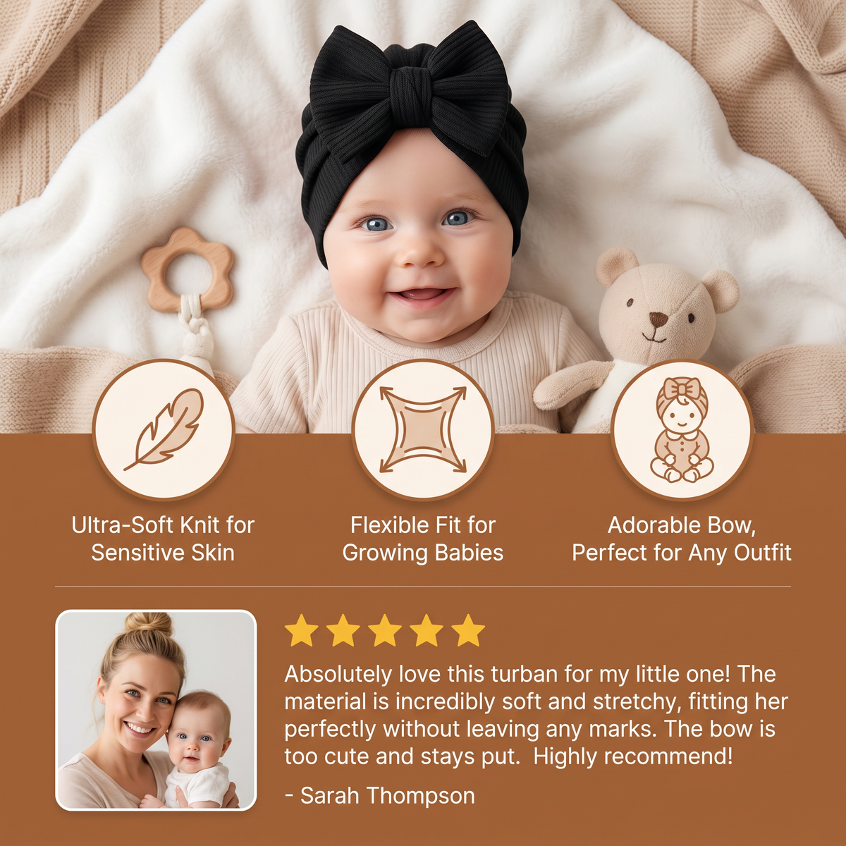 Ruched Baby Turban with Bow – Soft Knit Newborn Hat