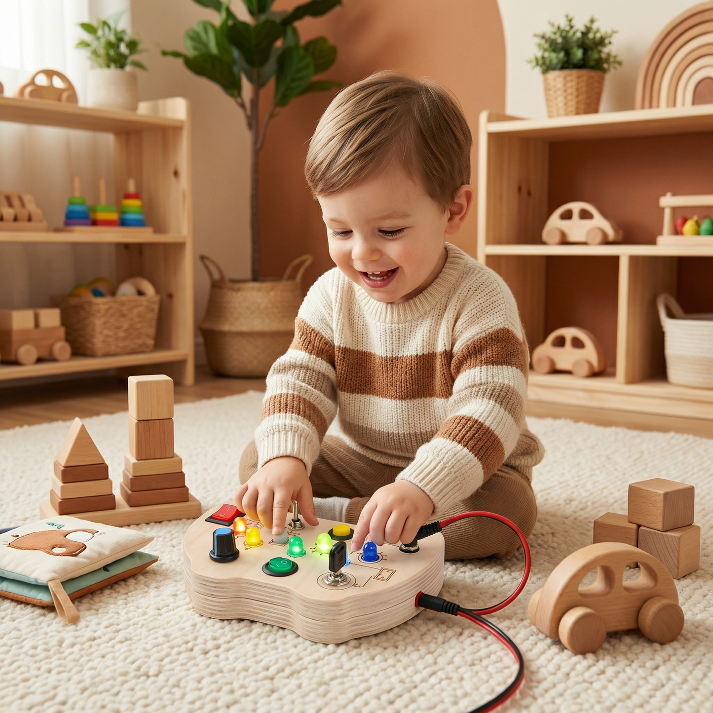 Wooden LED Busy Board Controller – Montessori Sensory Learning Toy for Motor Skills