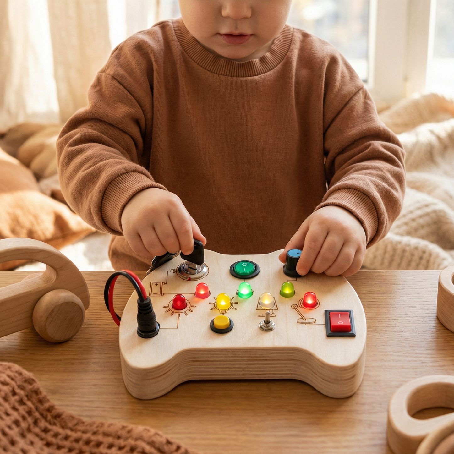 Wooden LED Busy Board Controller – Montessori Sensory Learning Toy for Motor Skills