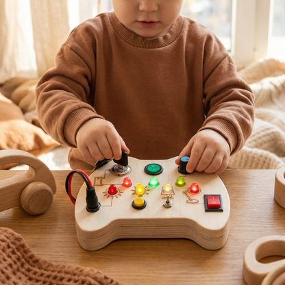 Wooden LED Busy Board Controller – Montessori Sensory Learning Toy for Motor Skills