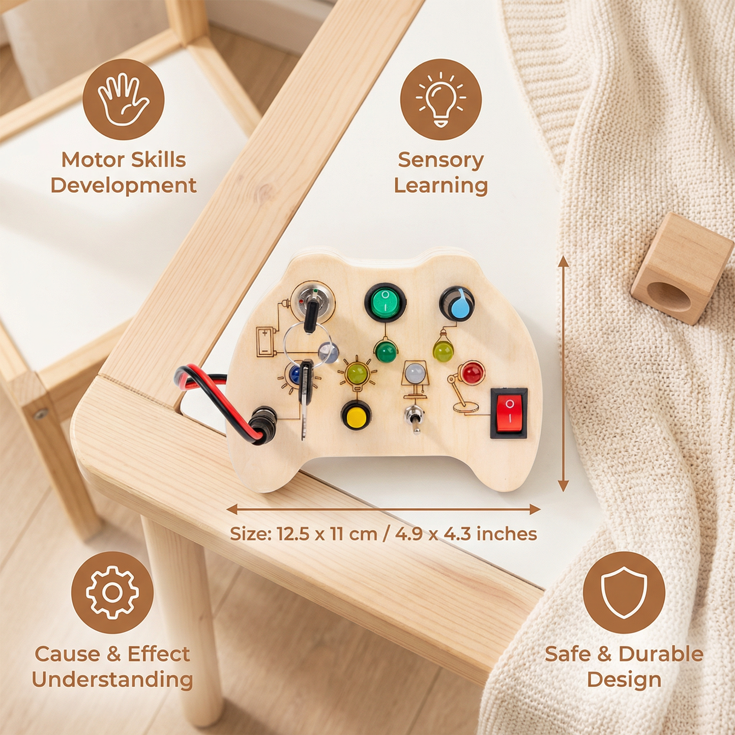 Wooden LED Busy Board Controller – Montessori Sensory Learning Toy for Motor Skills