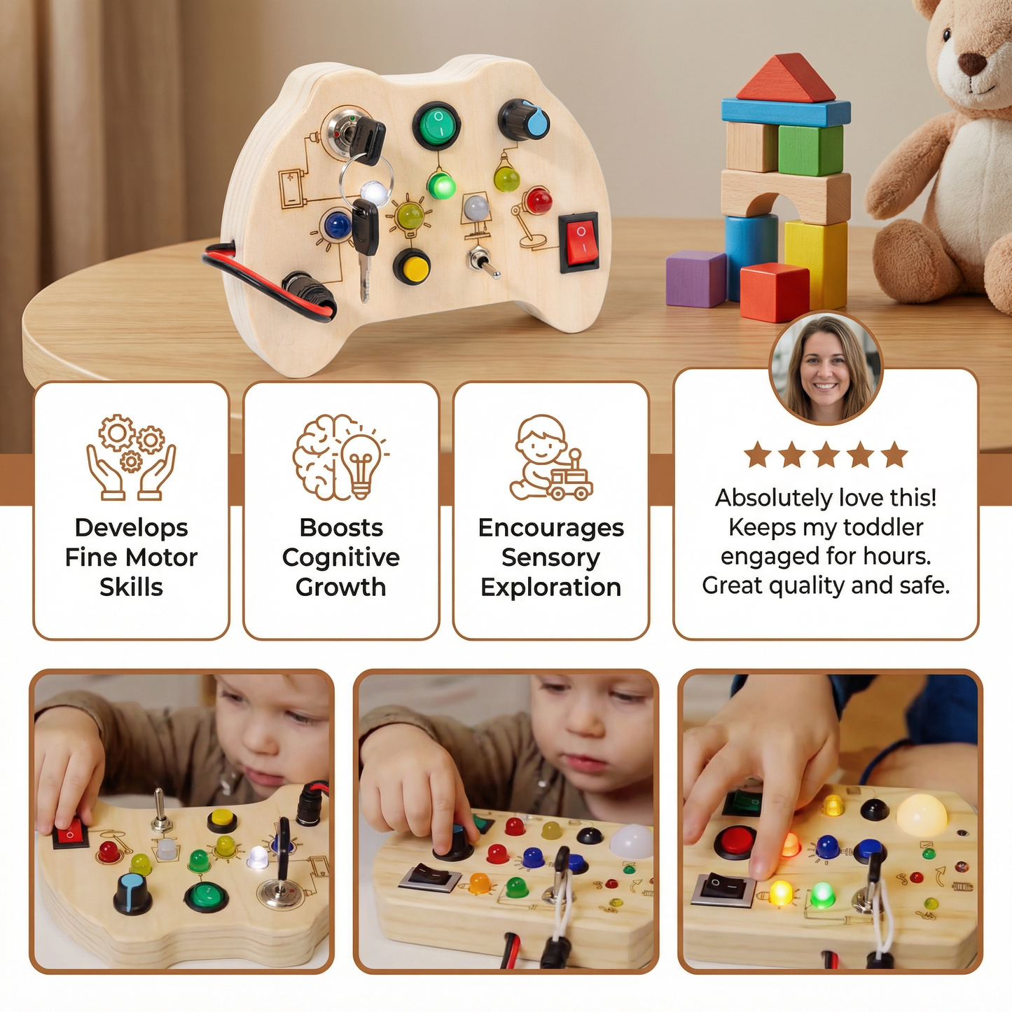 Wooden LED Busy Board Controller – Montessori Sensory Learning Toy for Motor Skills