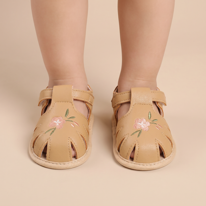Caged Embroidered Flower Sandals