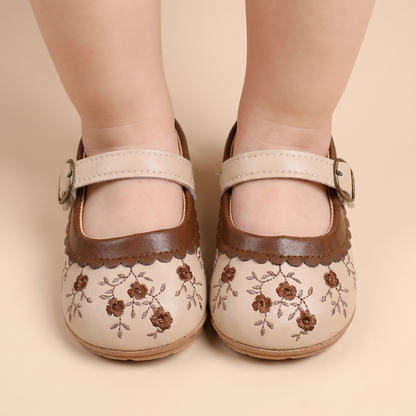 Two-Tone Floral Embroidered Mary Jane