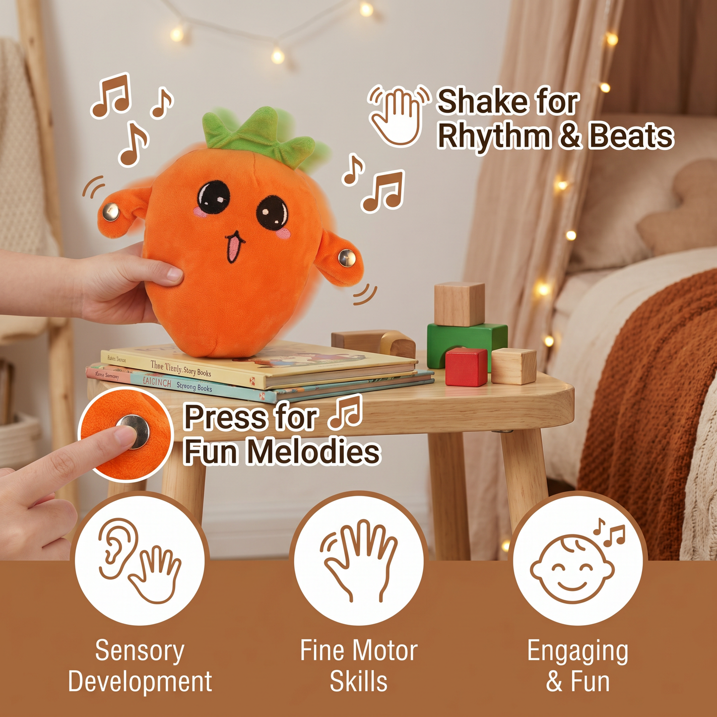 Interactive Fruit Plush Toy for Kids – Sensory Rhythm & Music Toy