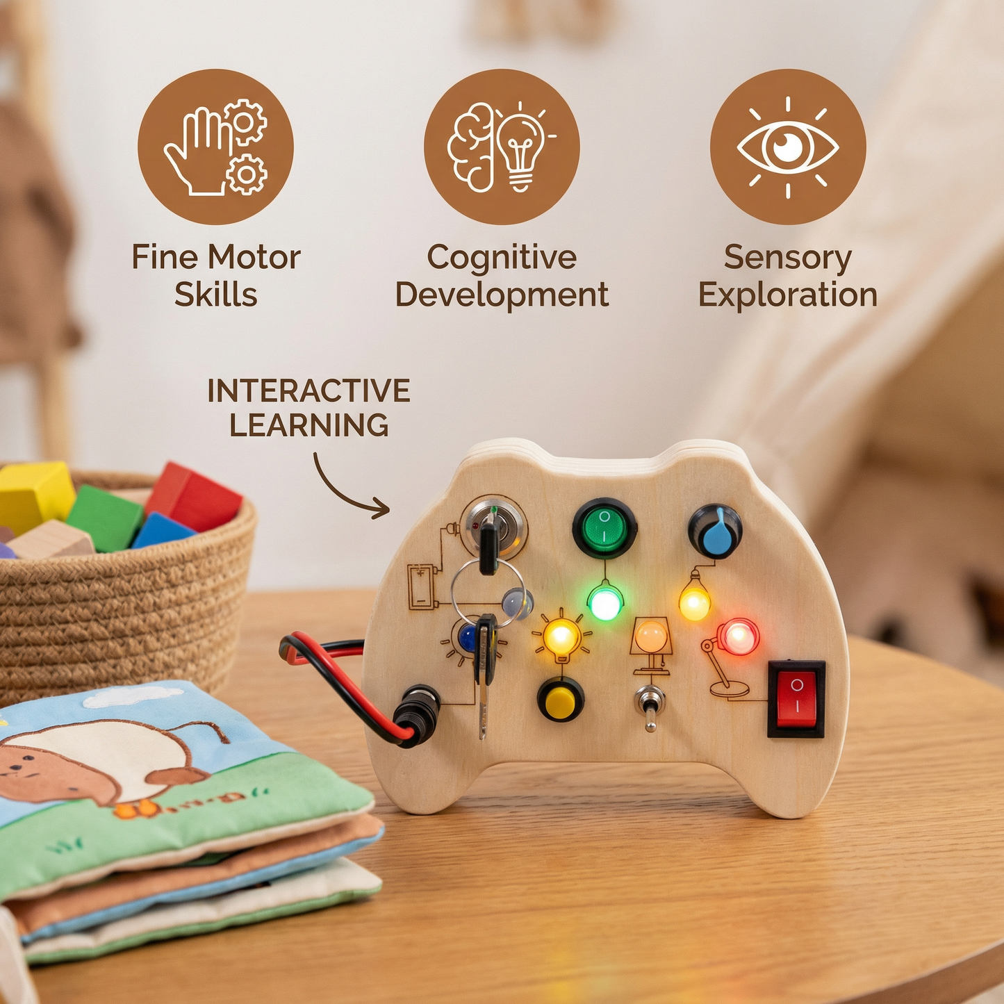 Wooden LED Busy Board Controller – Montessori Sensory Learning Toy for Motor Skills
