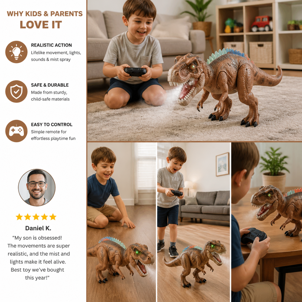 Remote Control Walking T-Rex – RC Dinosaur with Spray Mist, Lights & Sound