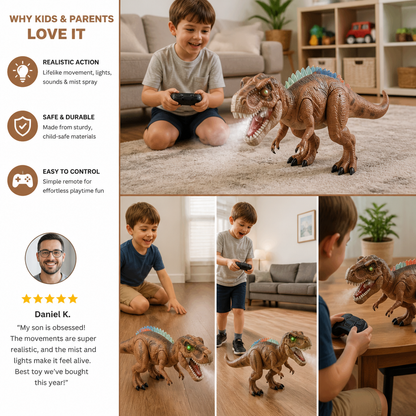 Remote Control Walking T-Rex – RC Dinosaur with Spray Mist, Lights & Sound