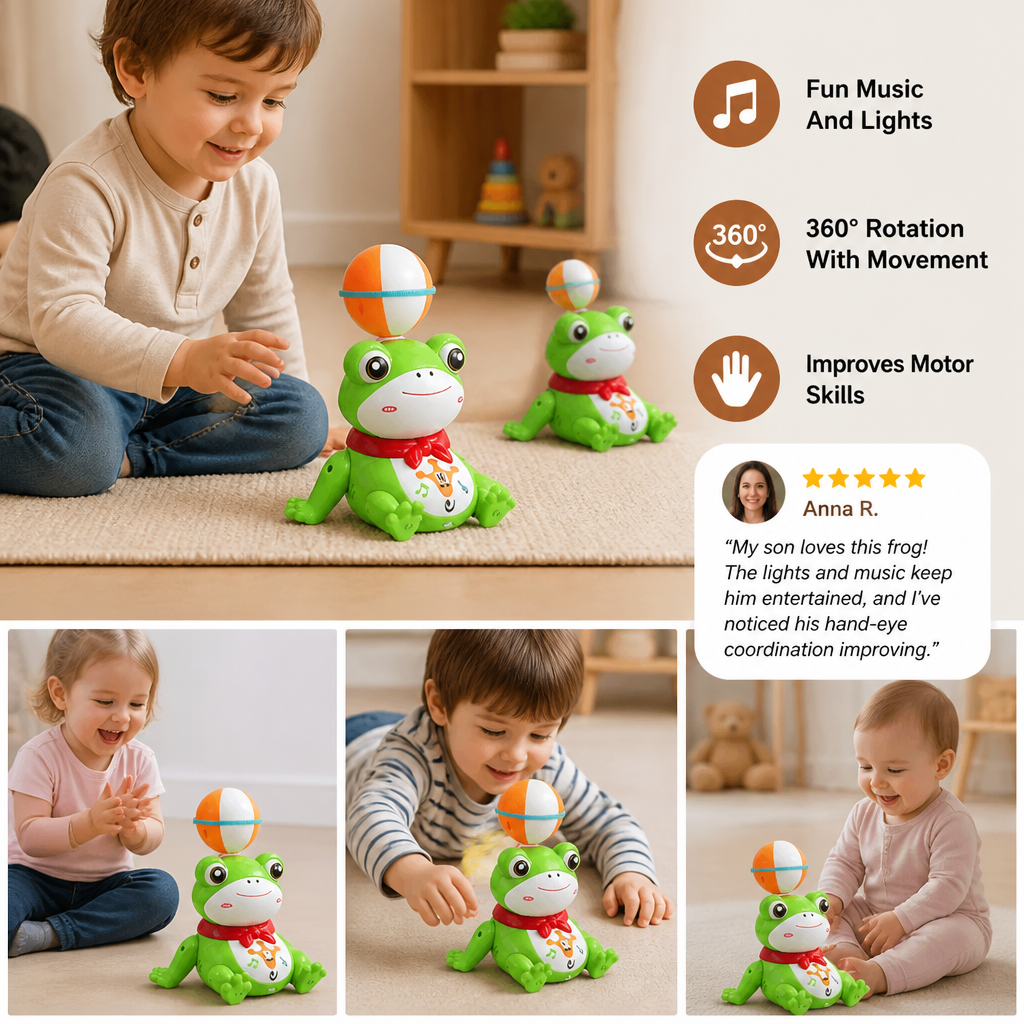 Interactive Ball-Balancing Frog Toy with Lights, Music & 360° Rotation