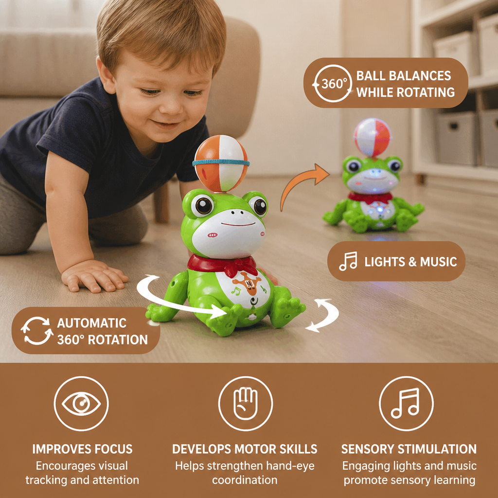 Interactive Ball-Balancing Frog Toy with Lights, Music & 360° Rotation