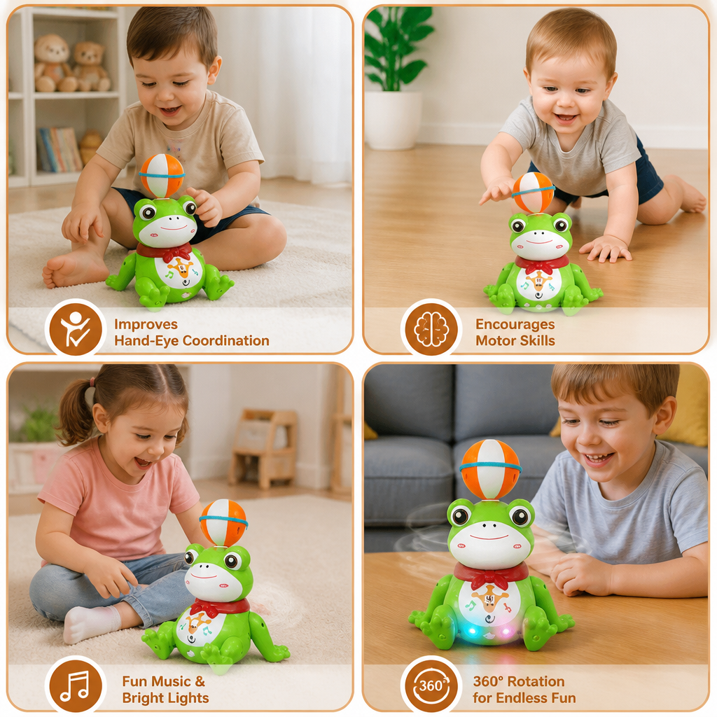 Interactive Ball-Balancing Frog Toy with Lights, Music & 360° Rotation