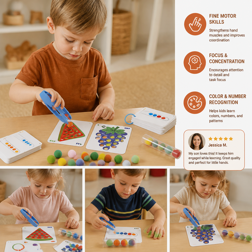 Montessori Pom-Pom Color & Numbers Learning Game for Fine Motor Skills