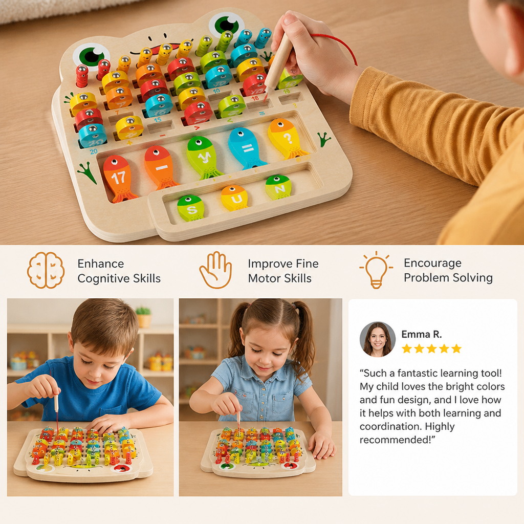 Wooden Magnetic Fishing Game – Alphabet, Math & Fine Motor Skills Learning Toy for Kids