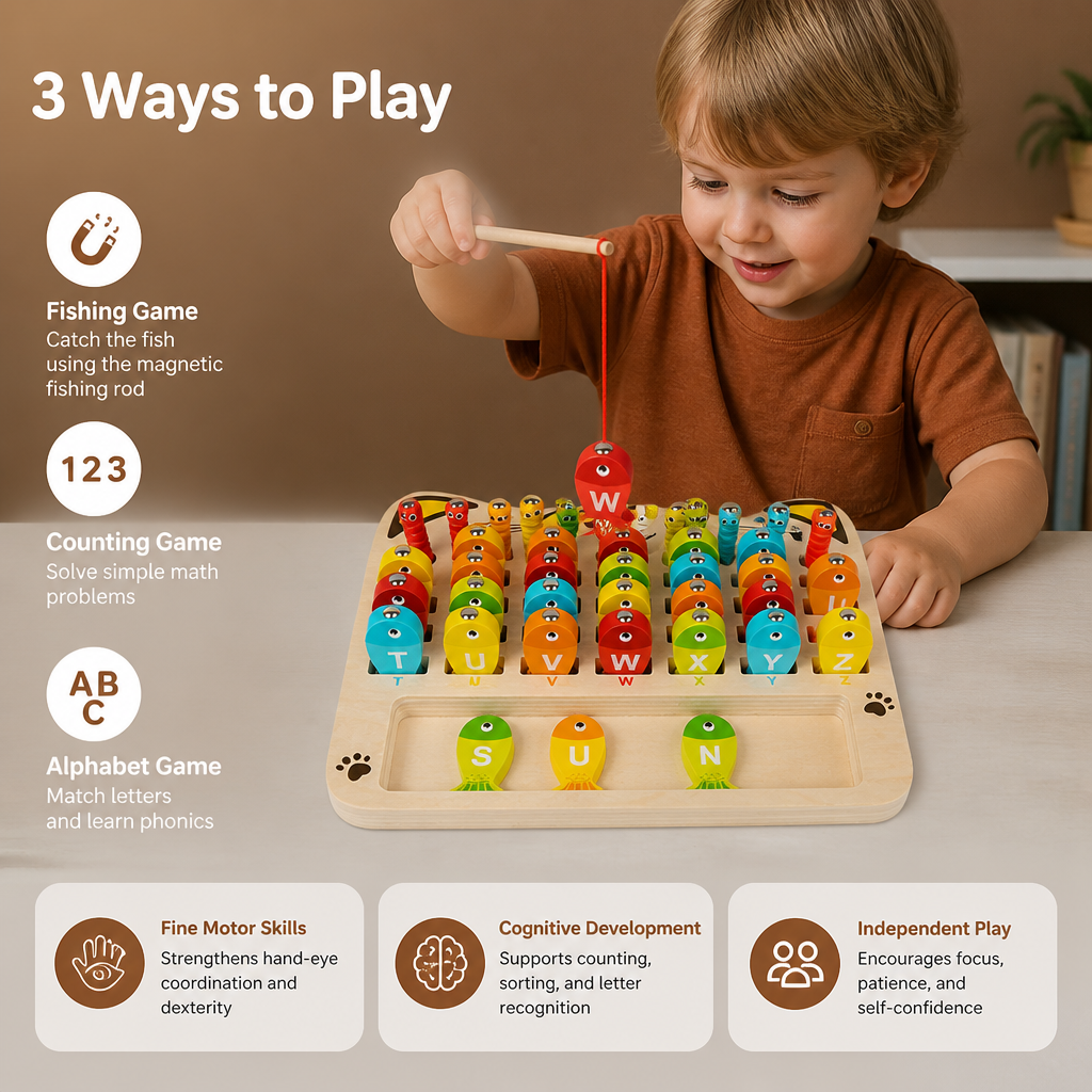 Wooden Magnetic Fishing Game – Alphabet, Math & Fine Motor Skills Learning Toy for Kids