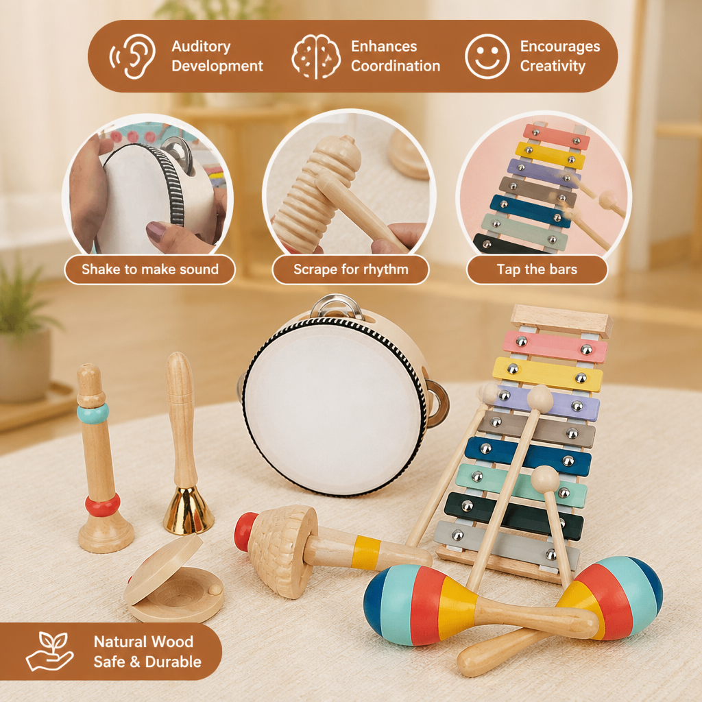 Wooden Musical Instrument Set – Montessori Percussion & Rhythm Learning Toys for Kids
