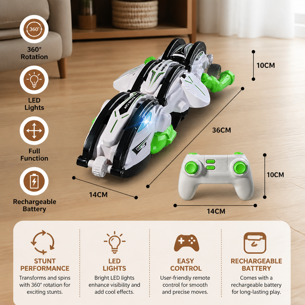 2-in-1 Remote Control Transforming Stunt Car with 360° Rotation & LED Lights