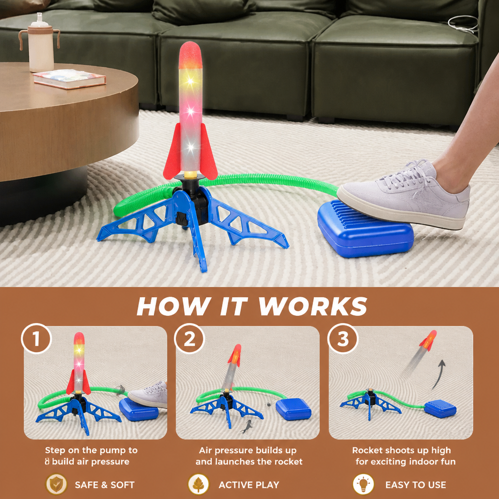 Safe & Soft Kids Rocket Launcher- Lightning Air-Powered Indoor Fun