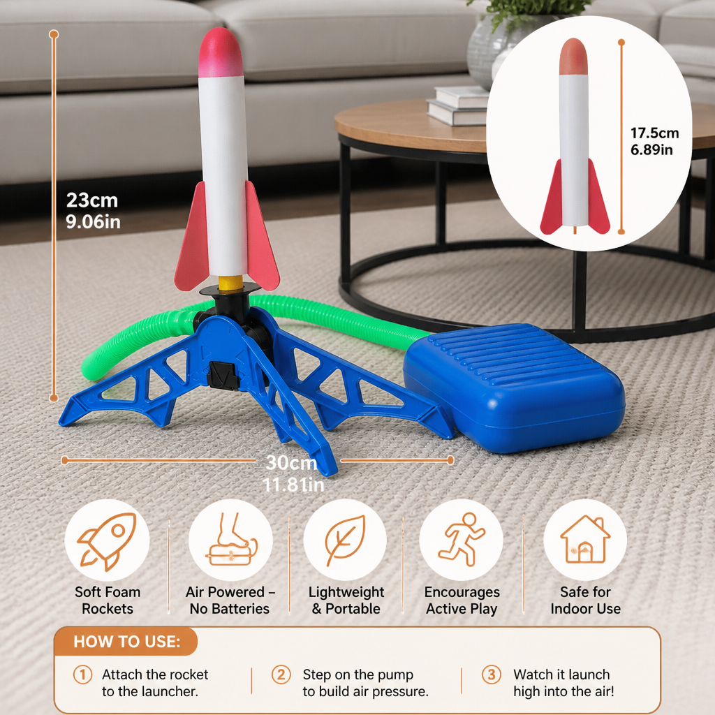 Safe & Soft Kids Rocket Launcher- Lightning Air-Powered Indoor Fun