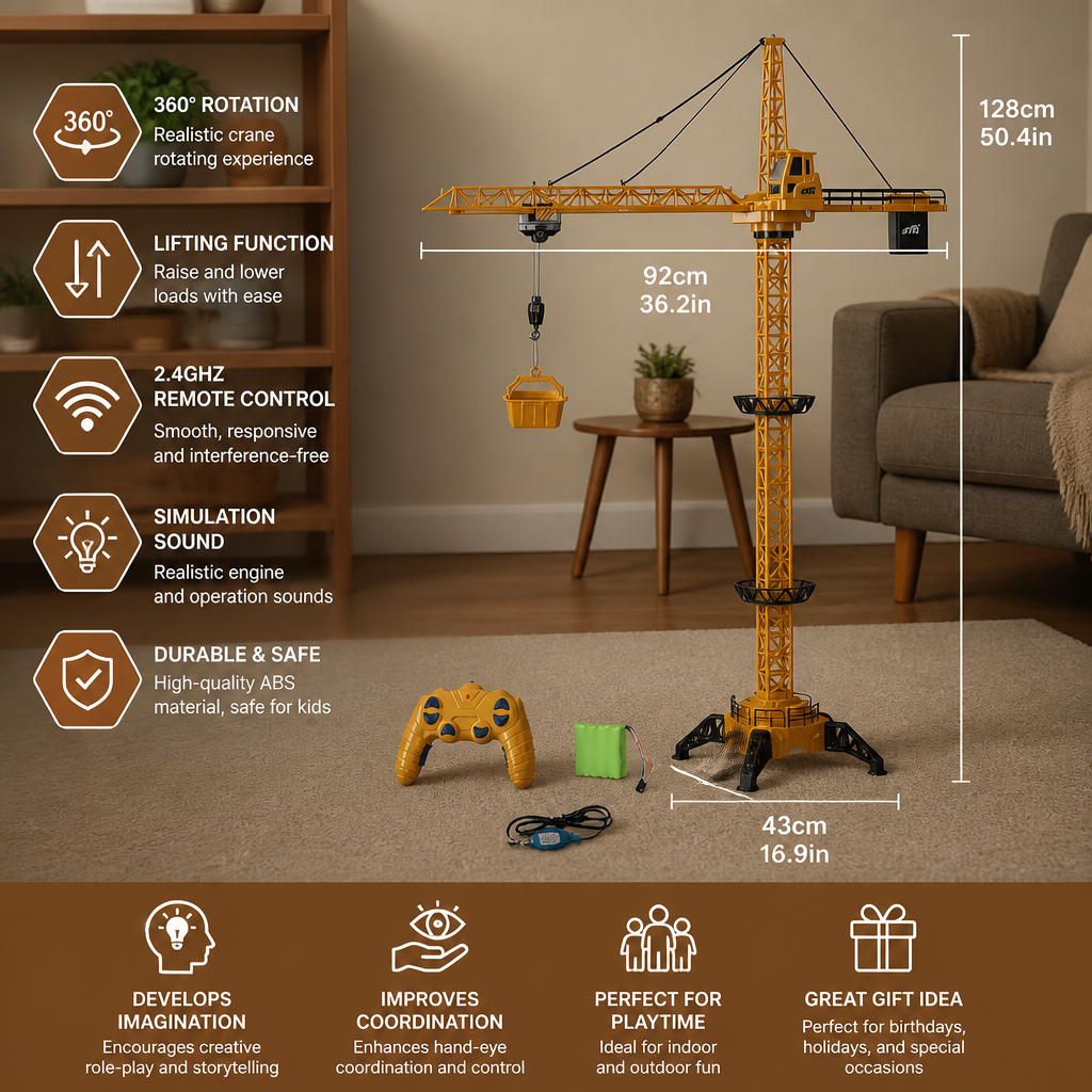 Remote Control Tower Crane – 360° Rotating Construction Toy with Lifting Function