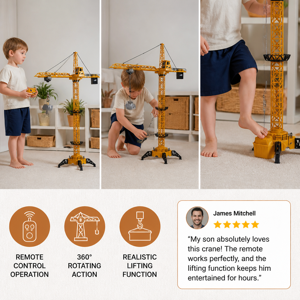 Remote Control Tower Crane – 360° Rotating Construction Toy with Lifting Function