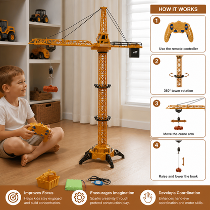 Remote Control Tower Crane – 360° Rotating Construction Toy with Lifting Function