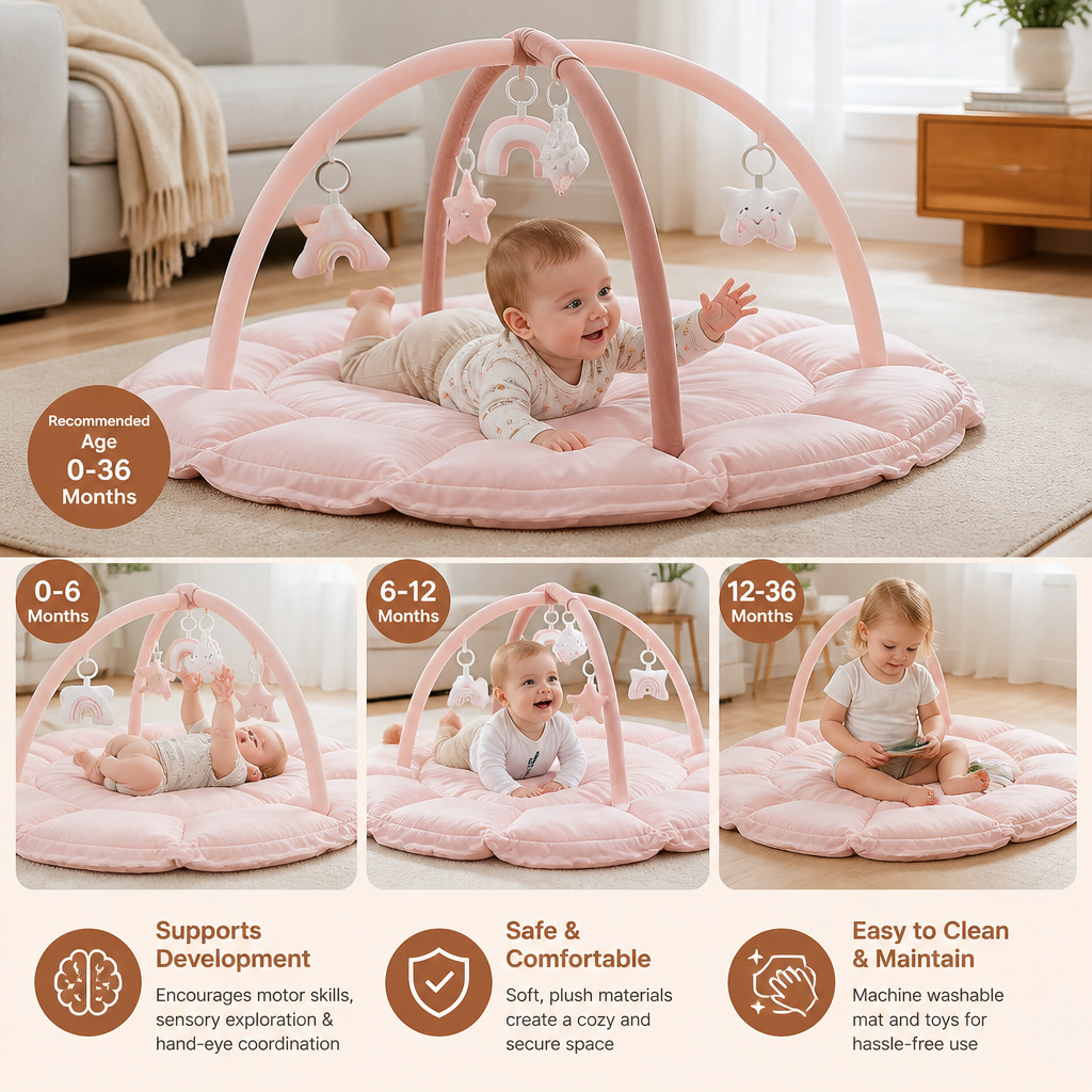 5-in-1 Plush Baby Play Gym, Activity Mat & Bed with Hanging Toys