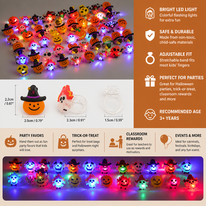 50-Pack Flashing LED Halloween Rings for Kids’ Party Favors & Treat Bags
