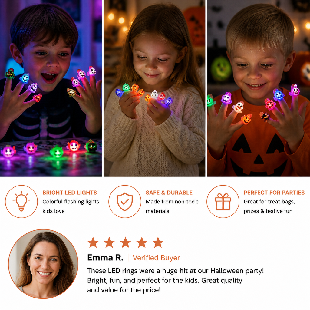 50-Pack Flashing LED Halloween Rings for Kids’ Party Favors & Treat Bags