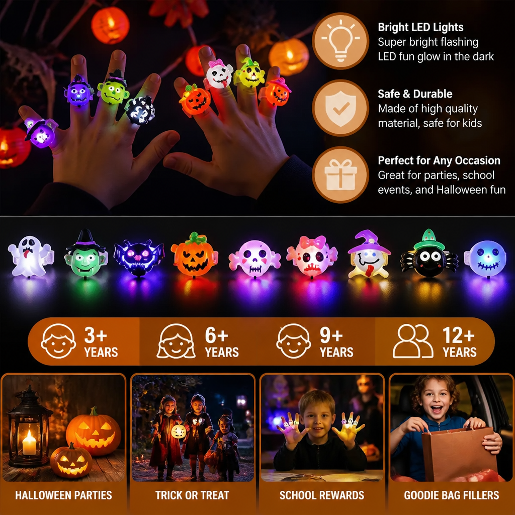 50-Pack Flashing LED Halloween Rings for Kids’ Party Favors & Treat Bags