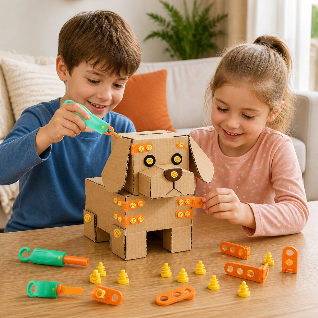 Safe 100-Piece STEM Cardboard Construction Kit with Tool Set for Kids