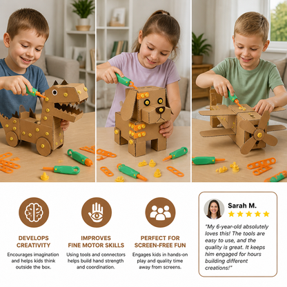 Safe 100-Piece STEM Cardboard Construction Kit with Tool Set for Kids