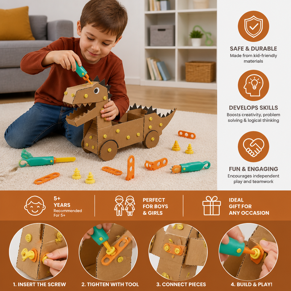 Safe 100-Piece STEM Cardboard Construction Kit with Tool Set for Kids