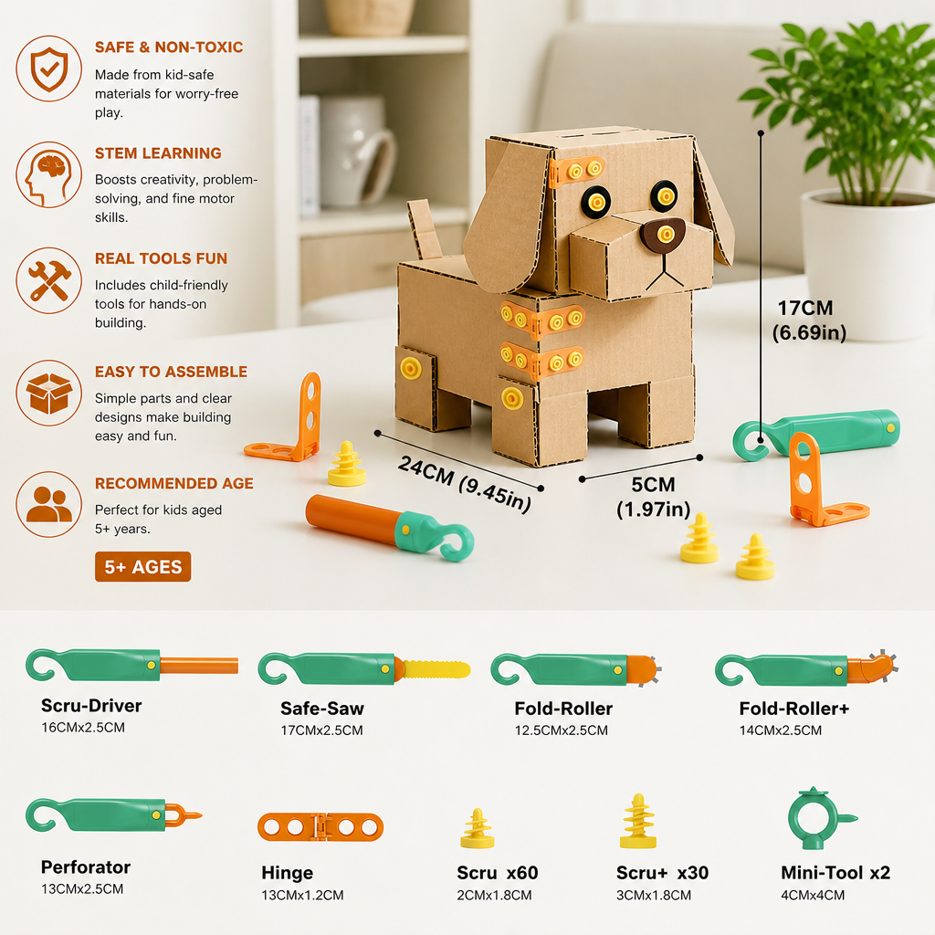 Safe 100-Piece STEM Cardboard Construction Kit with Tool Set for Kids