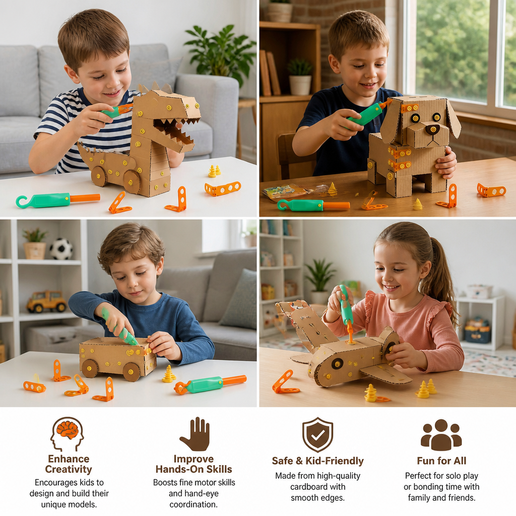 Safe 100-Piece STEM Cardboard Construction Kit with Tool Set for Kids