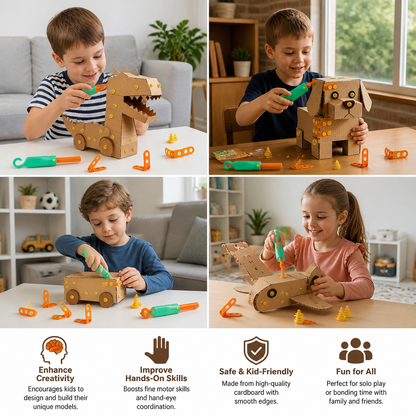 Safe 100-Piece STEM Cardboard Construction Kit with Tool Set for Kids