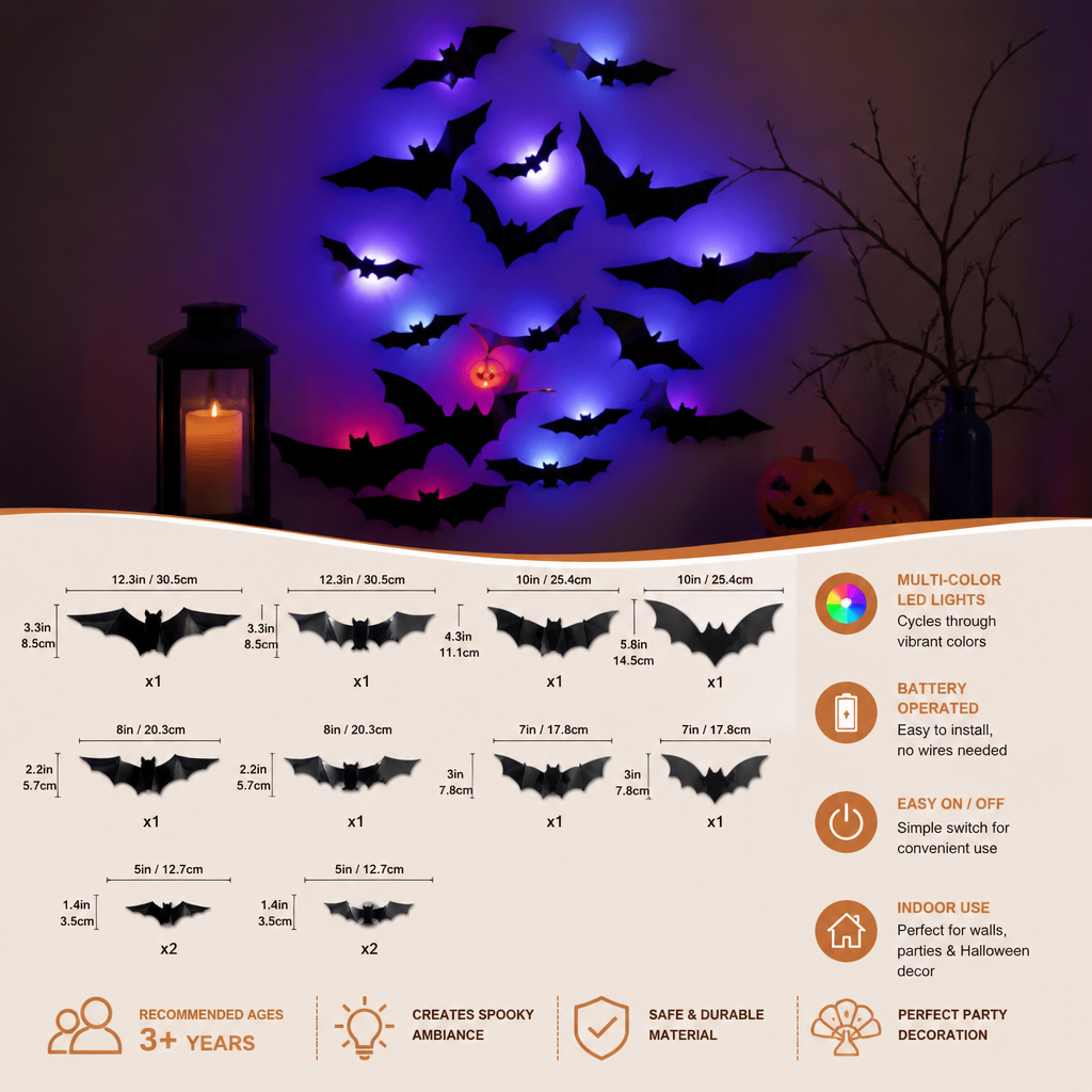 3D LED Halloween Bat Wall Decoration with Color-Changing Lights