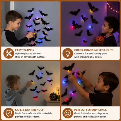 3D LED Halloween Bat Wall Decoration with Color-Changing Lights