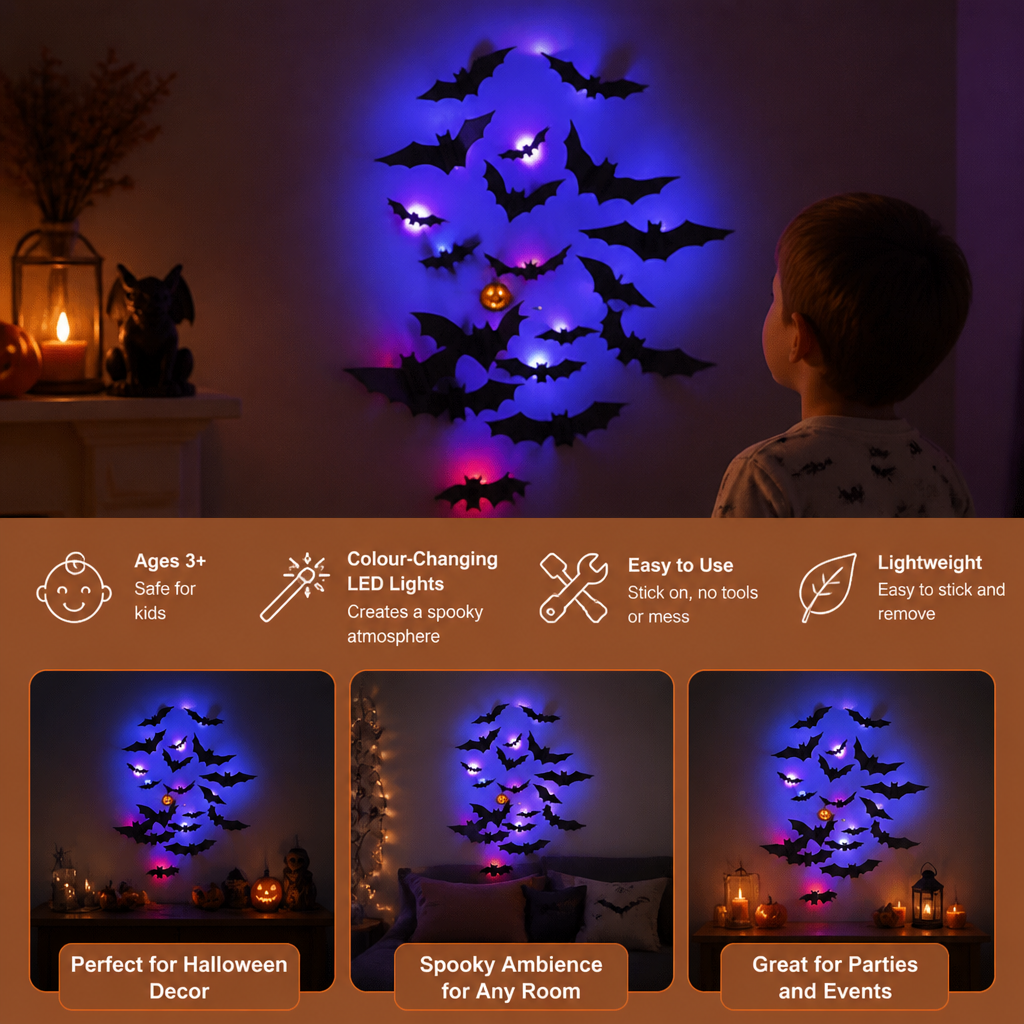 3D LED Halloween Bat Wall Decoration with Color-Changing Lights