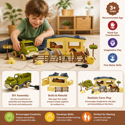 DIY Take-Apart Farm Truck & Horse Stable Play Set for Kids