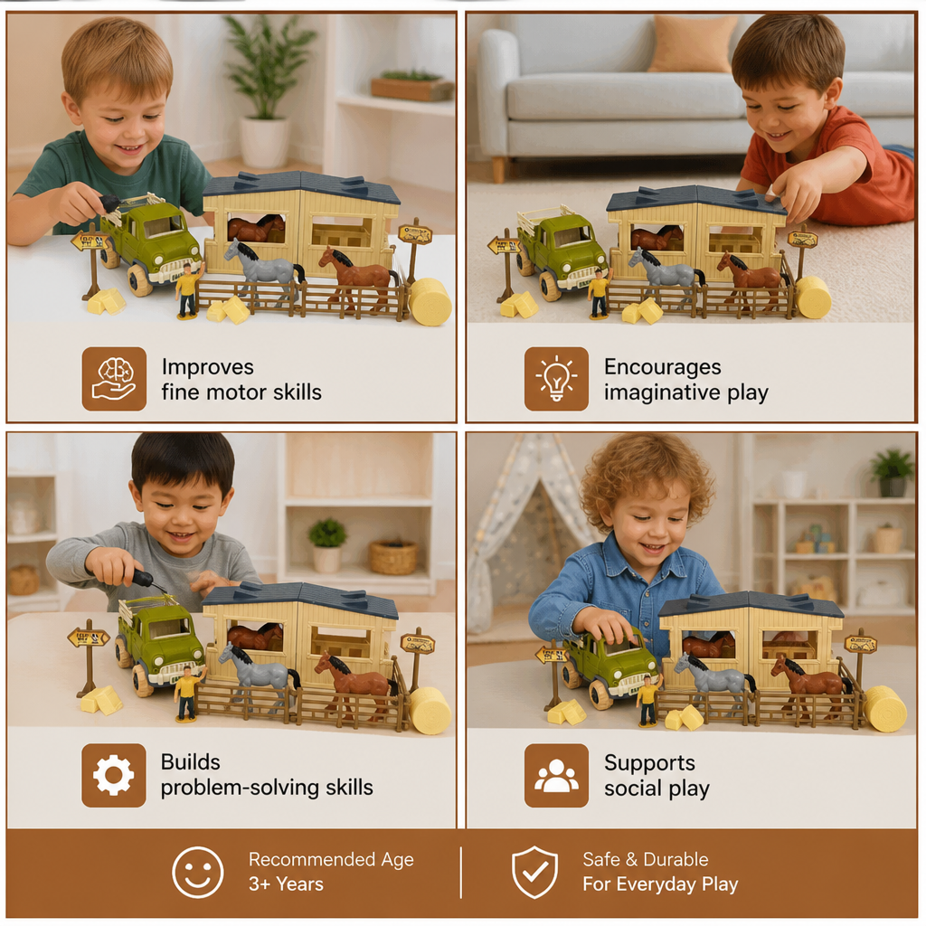 DIY Take-Apart Farm Truck & Horse Stable Play Set for Kids