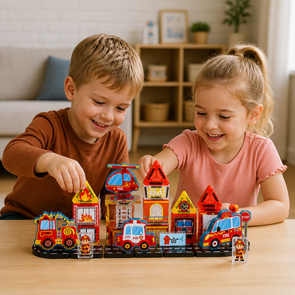 40-Piece Magnetic Travel Building Set with Construction, Fire Truck & Police Vehicles