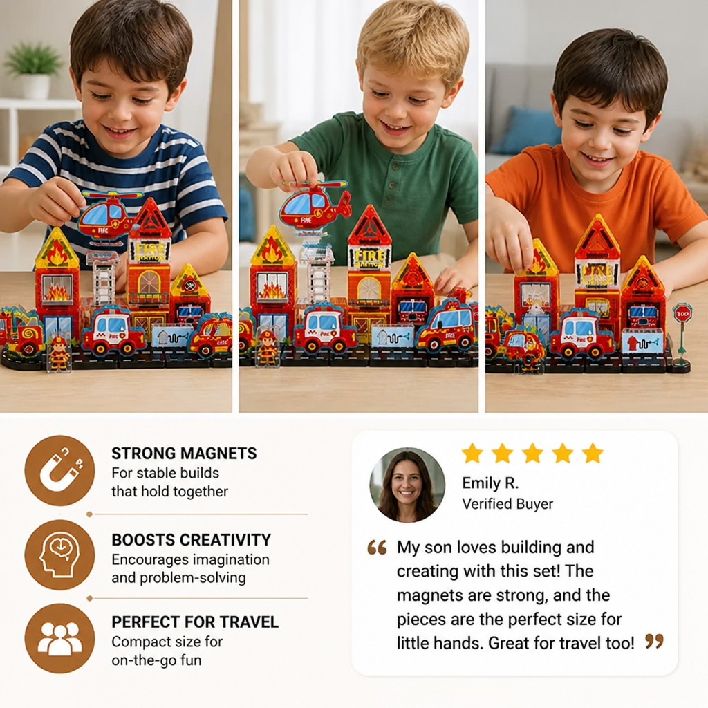 40-Piece Magnetic Travel Building Set with Construction, Fire Truck & Police Vehicles
