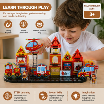 40-Piece Magnetic Travel Building Set with Construction, Fire Truck & Police Vehicles