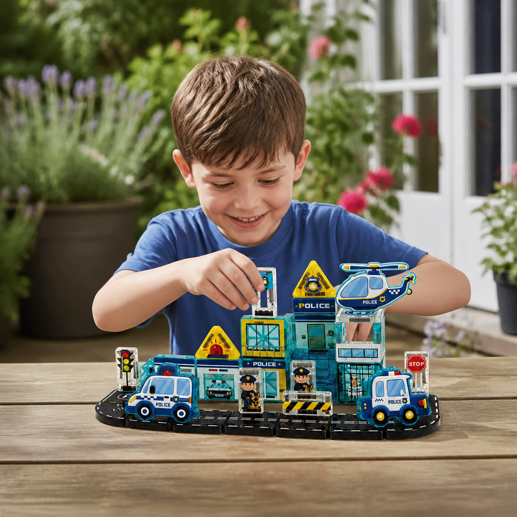 40-Piece Magnetic Travel Building Set with Construction, Fire Truck & Police Vehicles