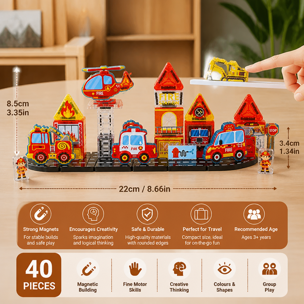 40-Piece Magnetic Travel Building Set with Construction, Fire Truck & Police Vehicles
