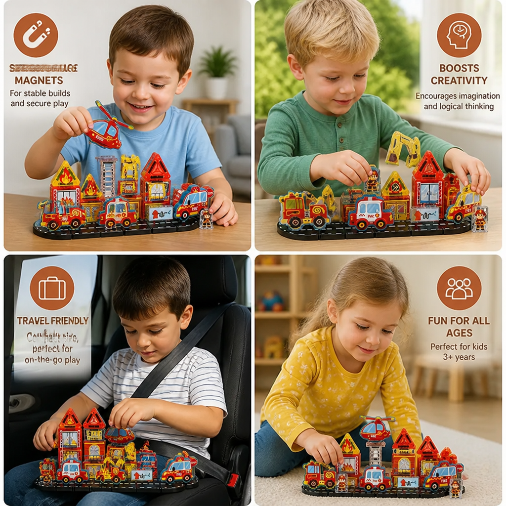 40-Piece Magnetic Travel Building Set with Construction, Fire Truck & Police Vehicles