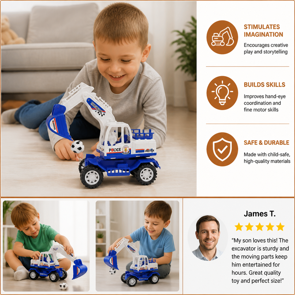 Musical Excavator Toy with Automatic Soccer Ball Scooping & LED Lights