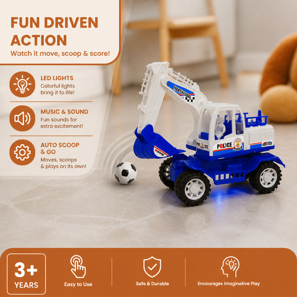 Musical Excavator Toy with Automatic Soccer Ball Scooping & LED Lights